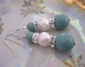 Maryanne-Jade Pearl Dangle Earrings.Bridal Accessories .Bridesmaids Jade and White  pearl earrings