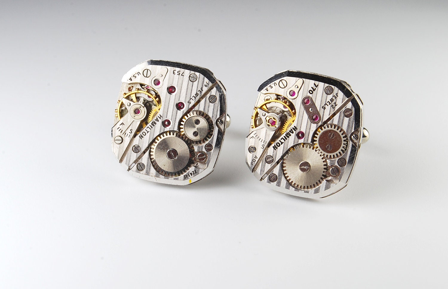 Steampunk Cufflinks Rare HAMILTON - Silver Pinstriped - Watch Movement Cuff Links -- Great for Wedding Gift