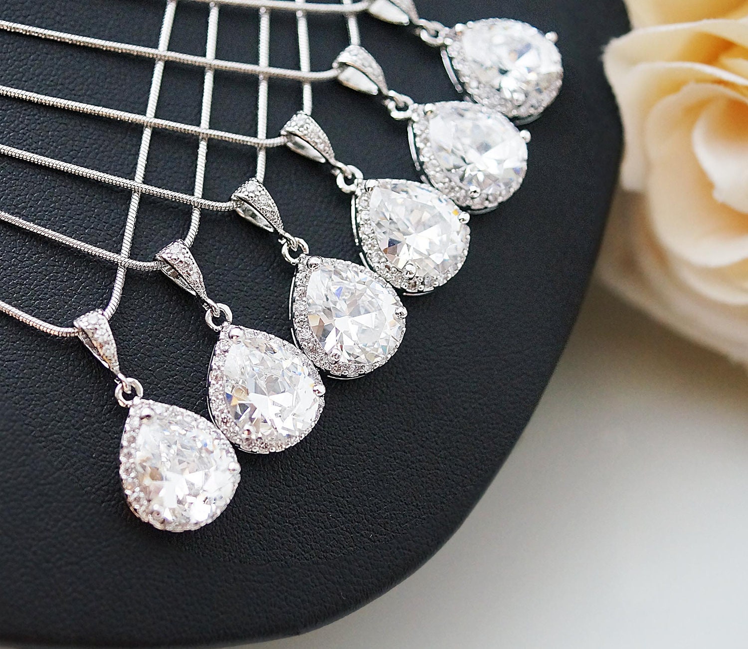 15% OFF SET of 8 Wedding Jewelry Bridesmaid Jewelry Bridesmaid Necklace Clear White LUX Cubic Zirconia Tear drops Necklace