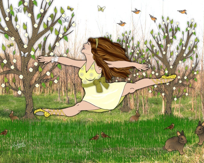 Sunny Leap 8x10 original illustration art print, yellow, Spring, Summer, nursery art, split leap, illustration