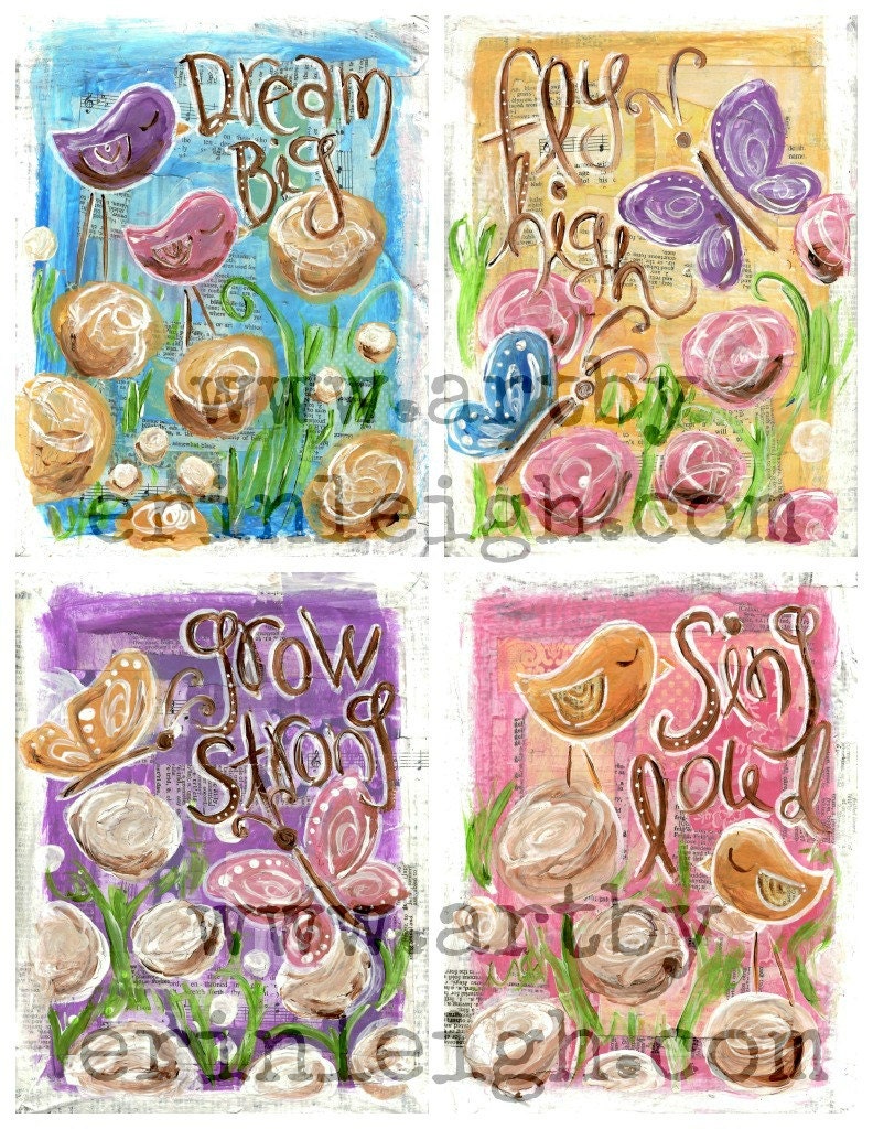 Girls Room Inspirational Bird and Butterflies Art, Dream Big, Set of 4 8 x 10 Fine Art Prints, Mixed Media Collage