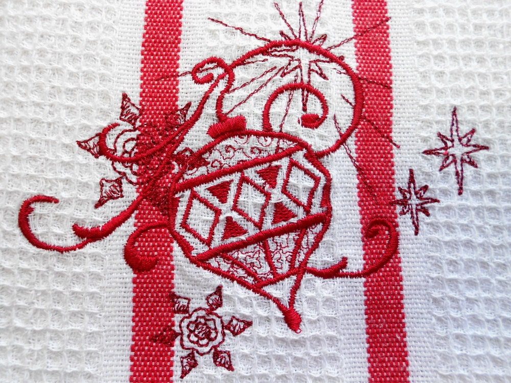 Christmas Ornaments Embroidery Dishtowel - Red Stripe Kitchen Towel- by SEW FUN QUILTS
