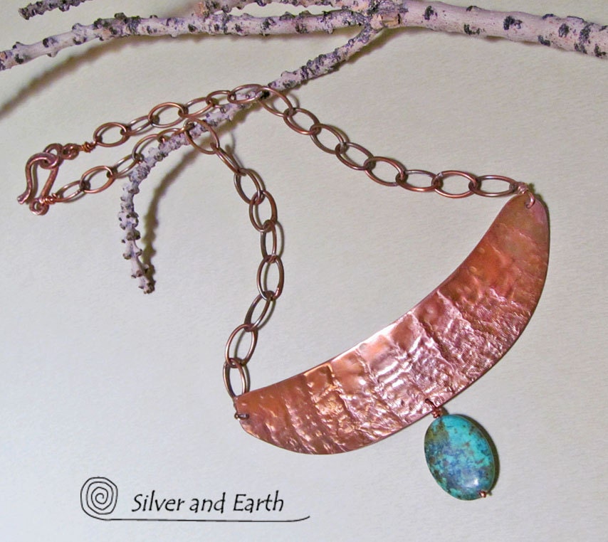 Tribal Copper Necklace with African Turquoise & Roller Printed Texture - Bohemian Tribal Jewelry - Handmade One-of-a-Kind Metalwork Necklace