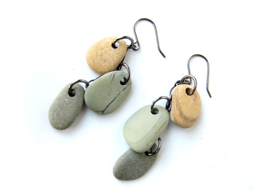 Natural Jewelry - River rock earrings in yellow, green and grey. "Spring Green Dangle Stone Earrings" 1447