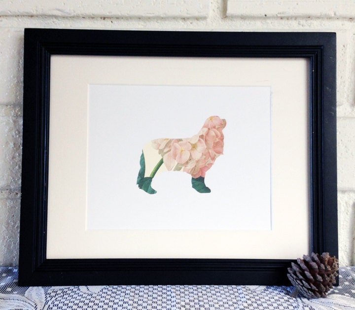 Pink Hydrangea - Cavalier King Charles Spaniel Vintage Silhouette