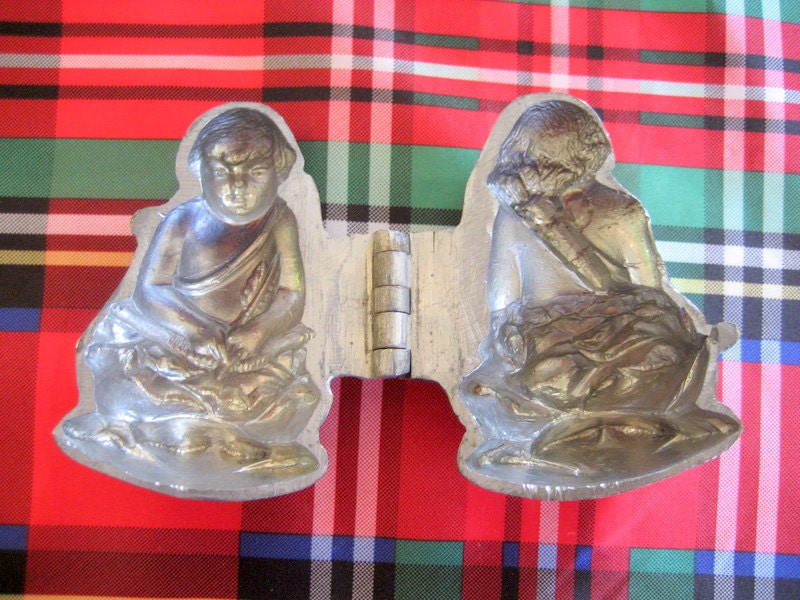Vintage Pewter Cupid in a Rose Ice Cream Mold   Circa 1930s