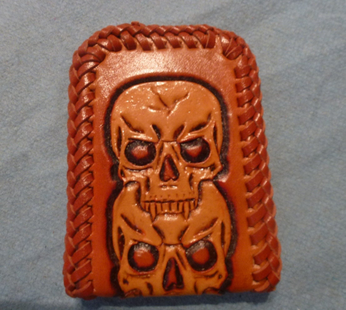 Custom Hand Carved Leather Money Clip with Skulls