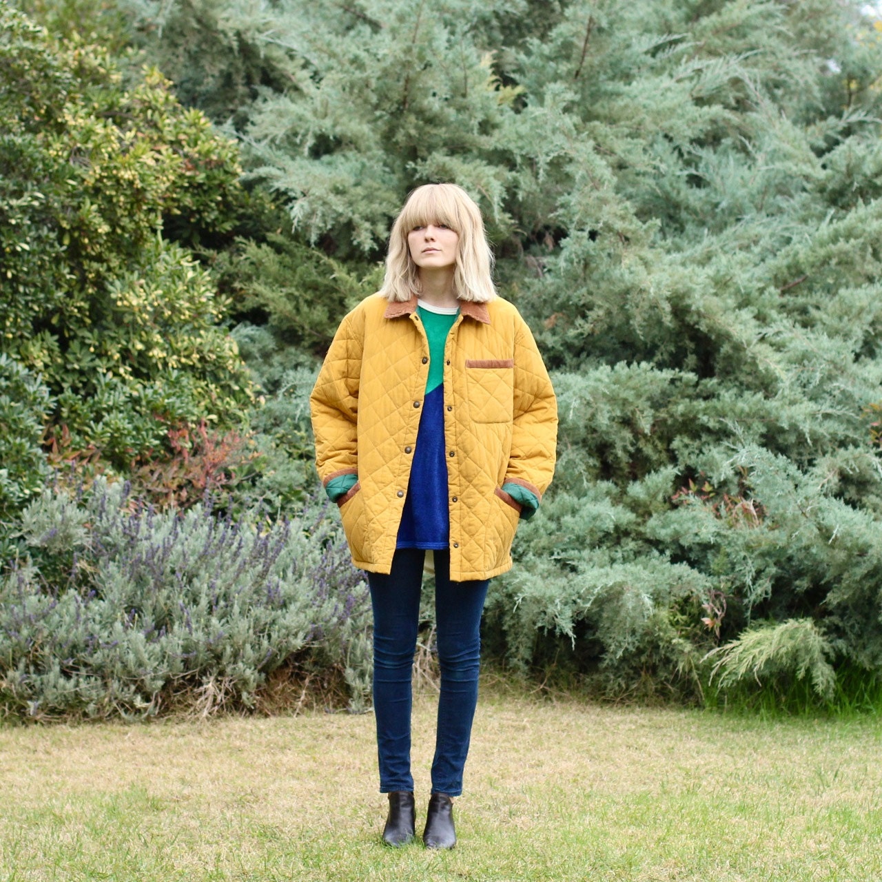 Mustard Quilted Snap Coat with Contrast Corduroy Collar - M/L
