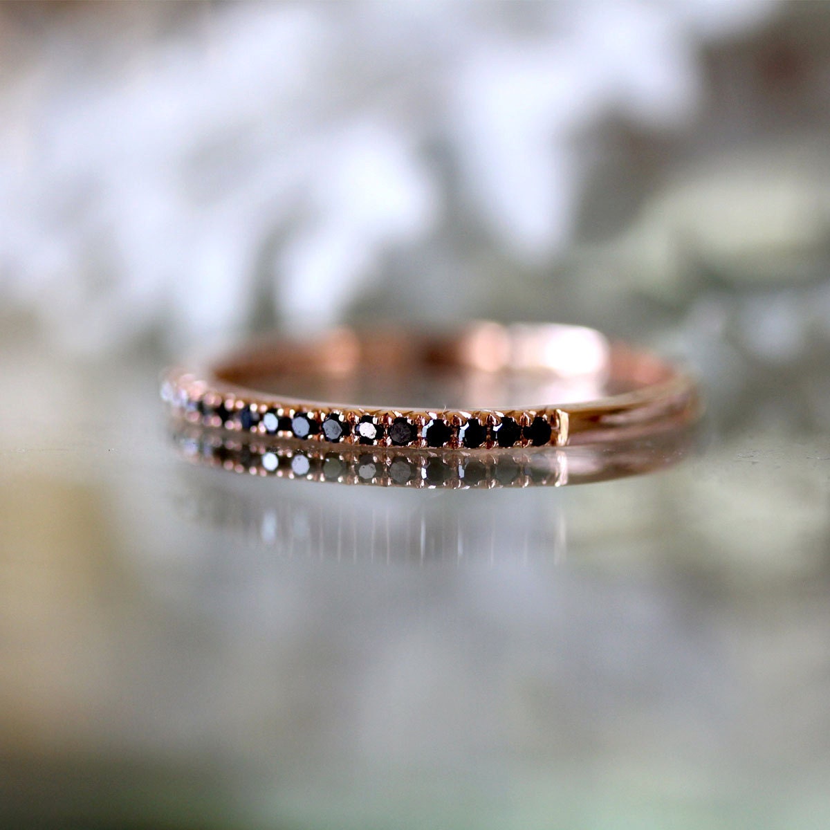 Micro Pave Black Diamond Half Circle Band in 14K Gold (size 3.5 - 7) - Made to Order
