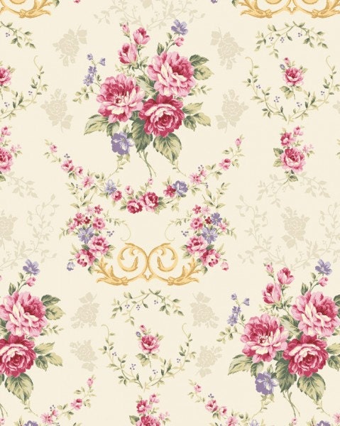 Kilala Antique Roses QMS30752-14e cotton Fabric by  QH Textiles Pink Roses on  Cream