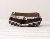 cosmetic case  , makeup bag in  Stripe cotton canvas in beige brown tones and brown leather