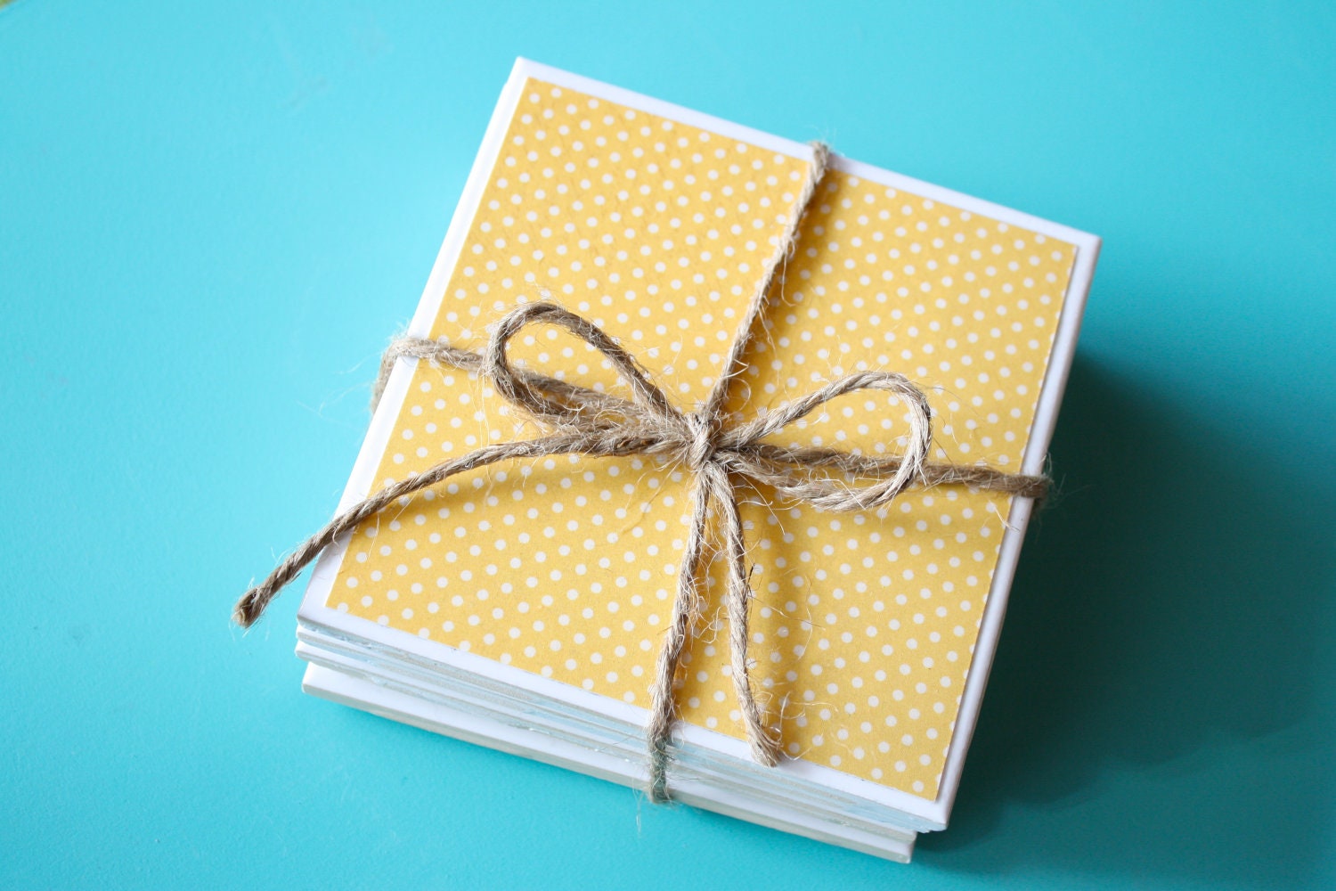 Yellow and Tan Polka Dot Tile Coaster Set