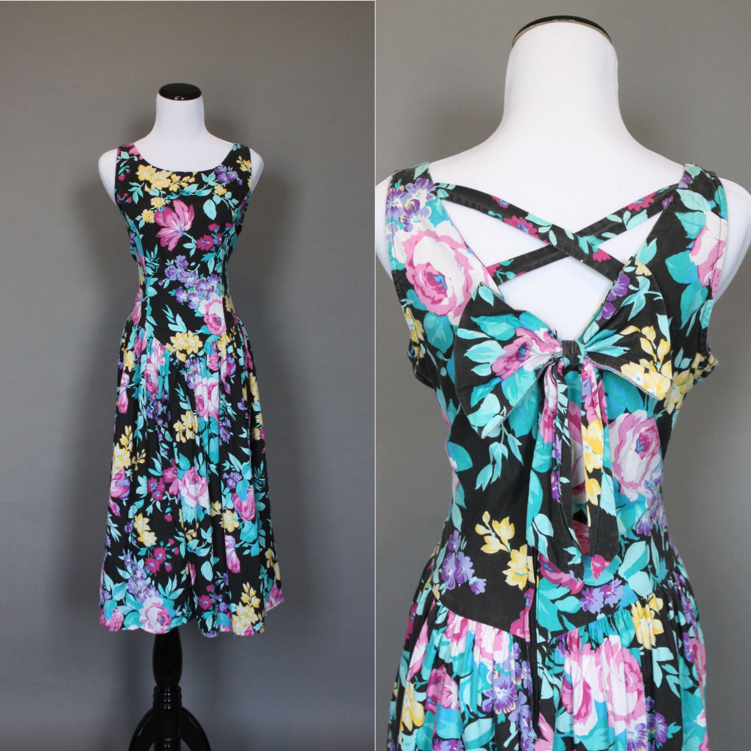 Vintage Summer Dress 80s 1980s Floral Cotton Sun Dress with Bow Full Skirt large