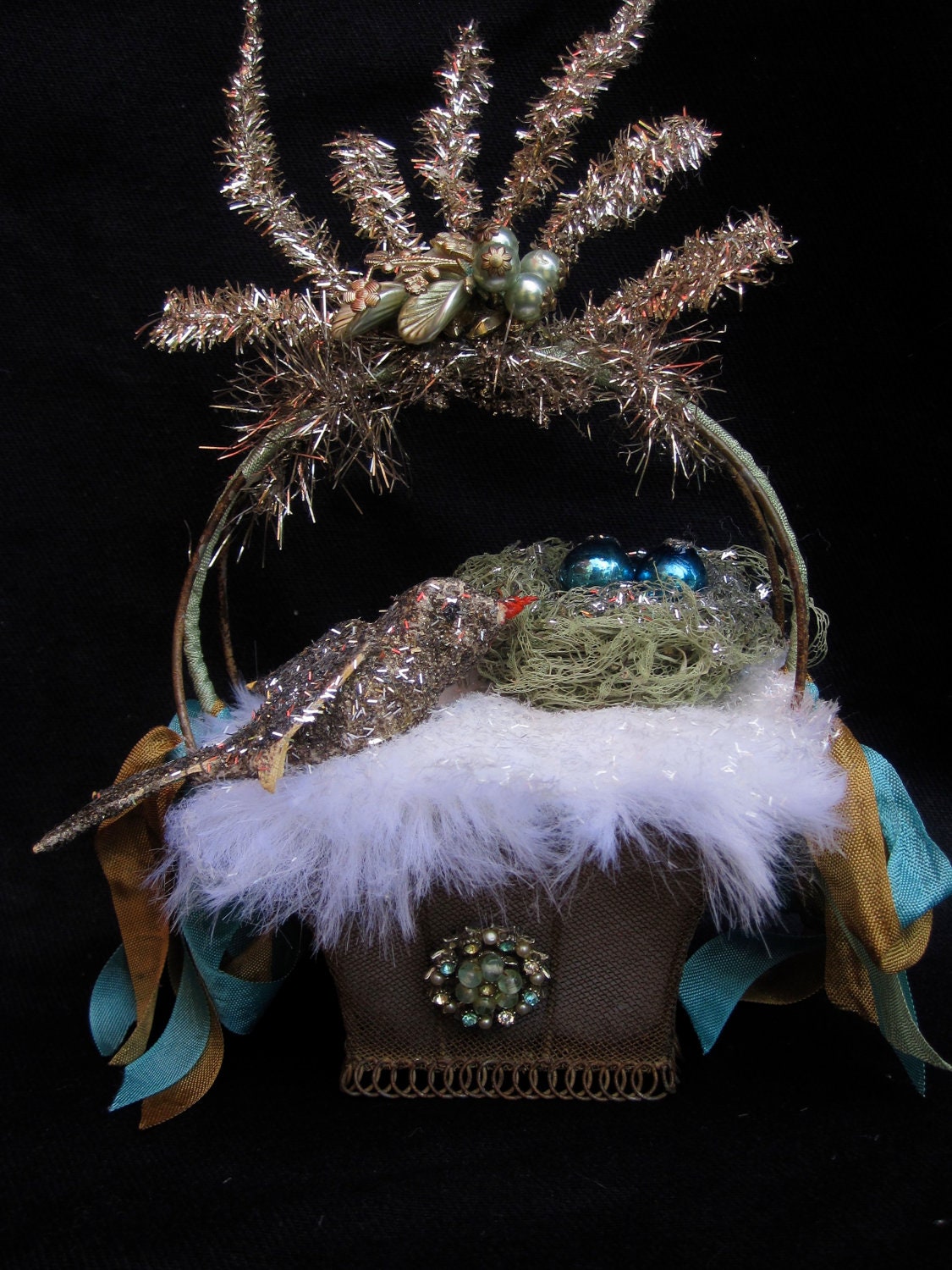 Vintage Metal Basket, Glitter Bird