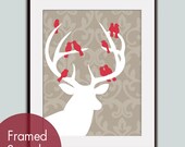 Deer Head Silhouette with Birds on Antlers 16x20 Art Print  (Truffle Brown with Ruby Red Birds) VIntage Modern Style (Customized Colors)