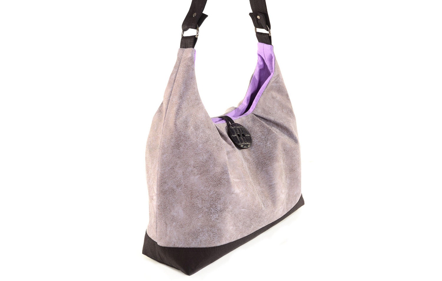 Pleated and Curved Gray Snakeskin Microsuede Shoulder Bag with Lavender Lining