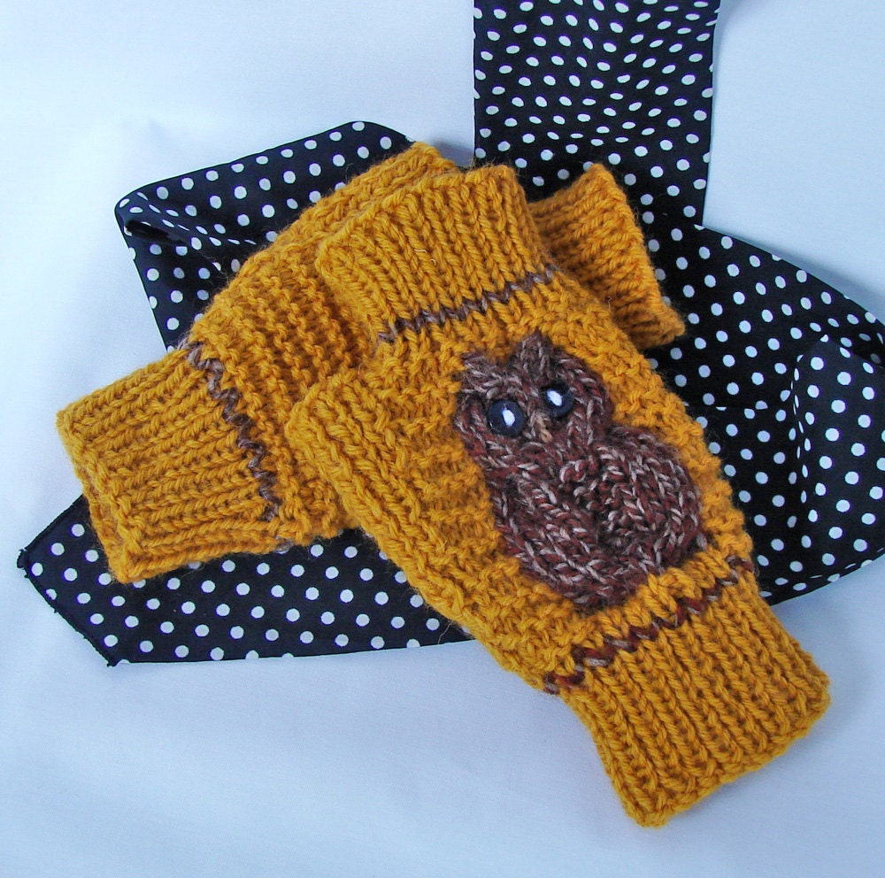 Fingerless Owl Gloves - Mustard Gold and Brown - Acrylic and Wool Blend