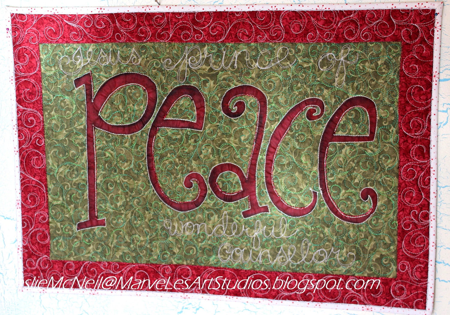 MarveLes PEACE Merry Christmas Wall Hanging Red Green Silver Holiday Christian