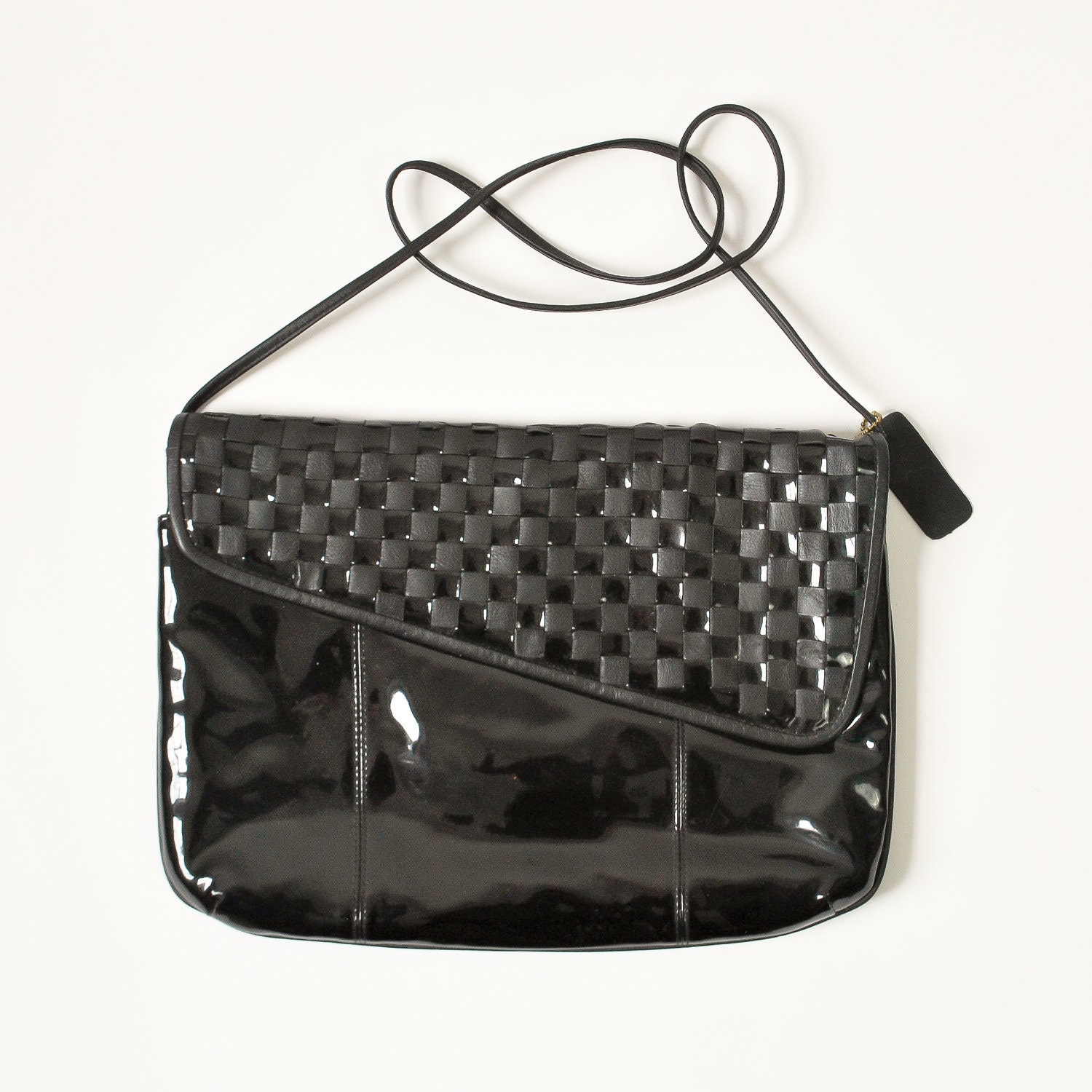 vintage 1980s La Borsa large black patent leather envelope clutch bag / over the shoulder purse / 80s bag