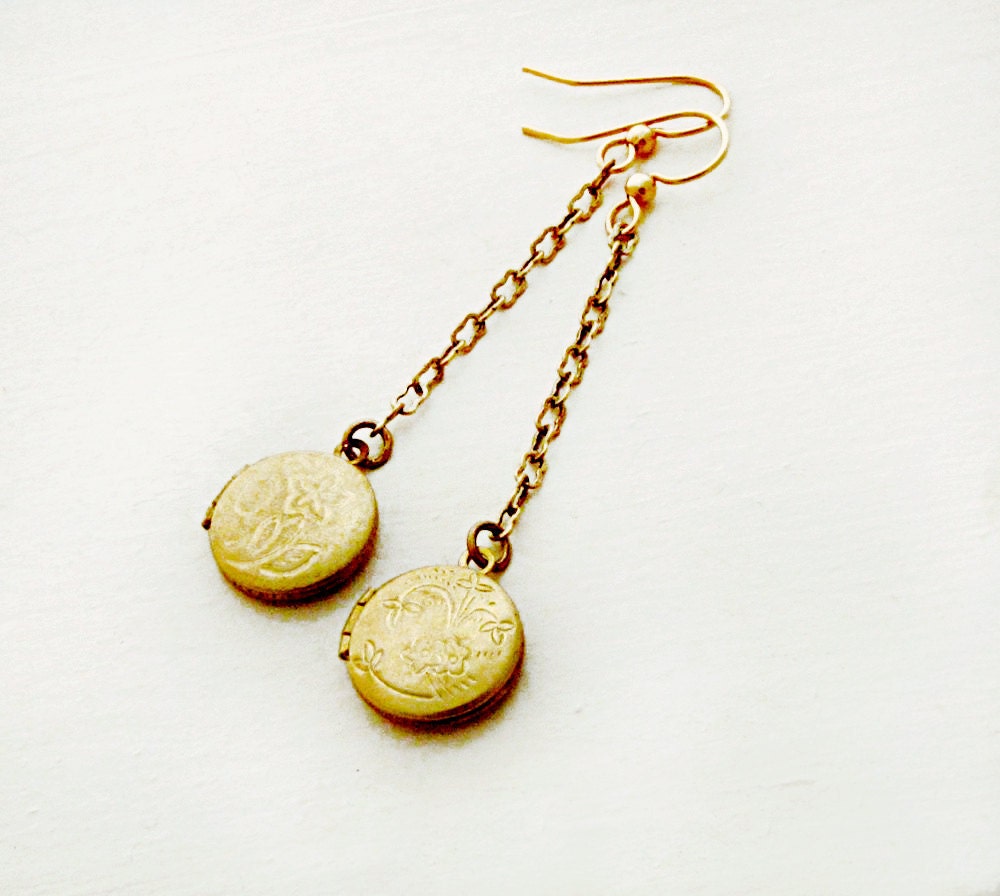 Round Locket Earrings Brass Locket Earrings Flower Locket Jewelry Drop Earrings Wedding Jewelry Romantic Vintage - Enchanted Lockets