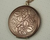 Vintage Brass Roses Floral Locket Necklace, Large Pendant with Long Chain, Etched, Floral Vines, Round Copper Hue