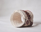 Upcycled asymmetrical cuff made of recycled sweaters. Decorated with vintage cotton lace. Upcycled accessories Eco friendly