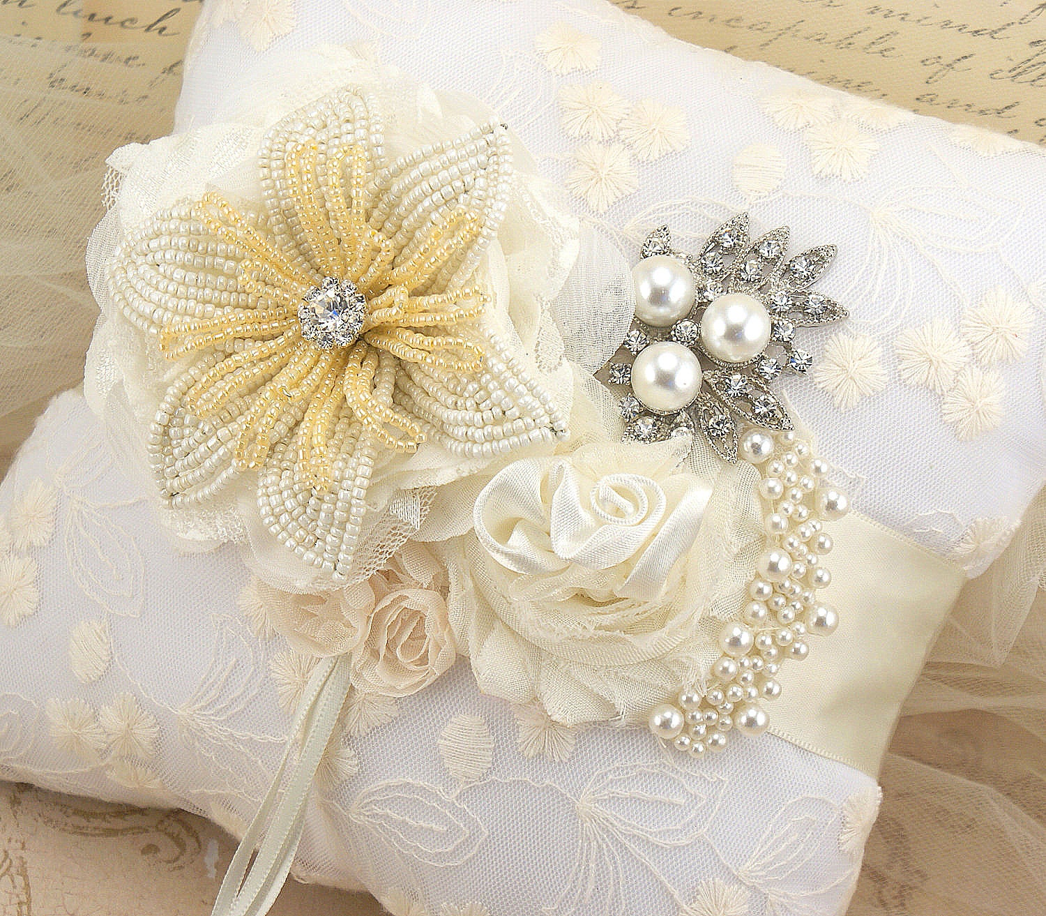 Ring Bearer Pillow - Bridal Pillow in Ivory and Cream with Lace, French Beaded Flower, Brooch and Handmade Flowers