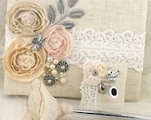 Wedding Guest Book and Pen Set Shabby Chic Vintage Inspired in Blush Pink, Ivory and Nude with Linen and Lace