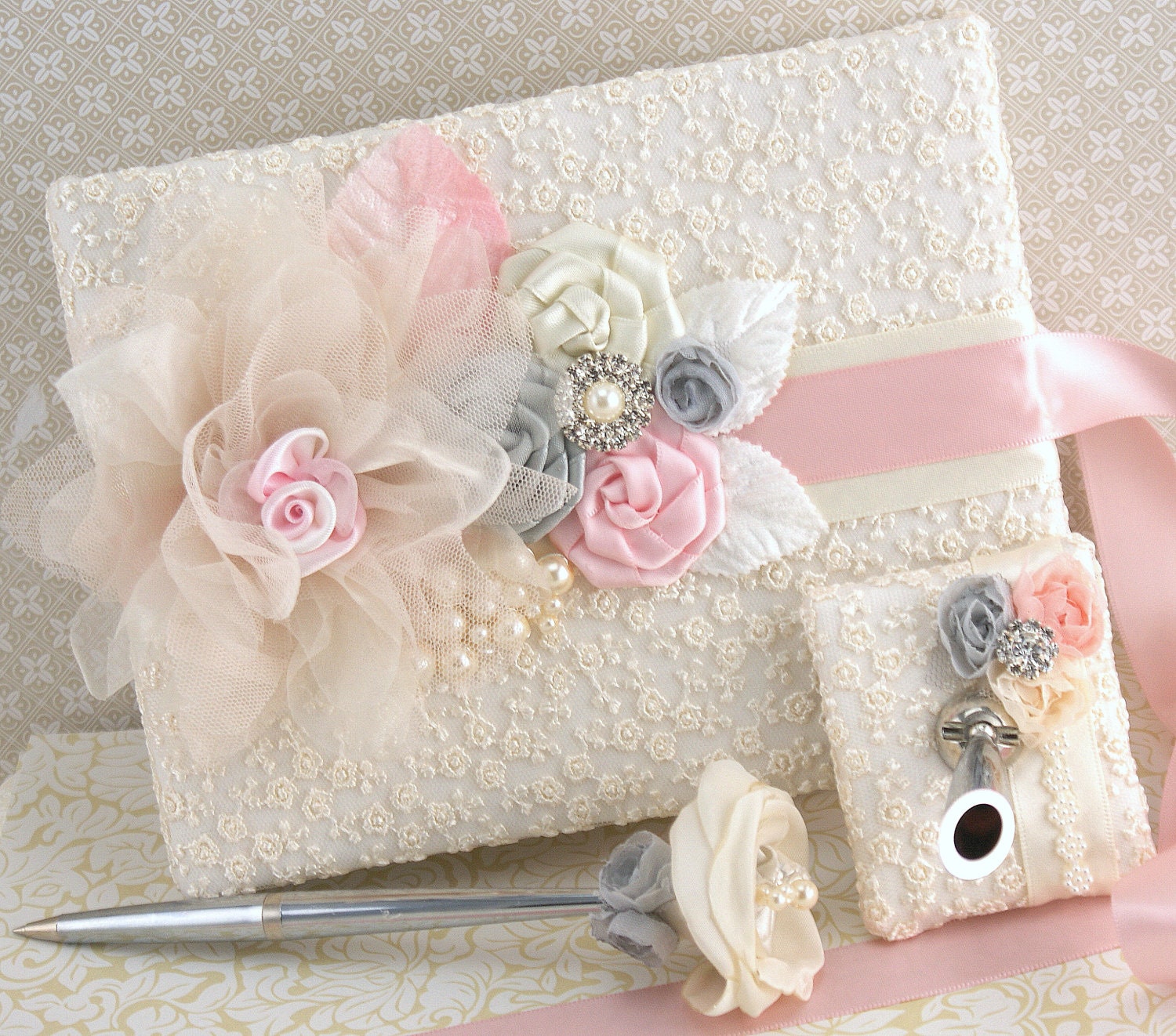 Wedding Guest Book and Pen Set in Blush Pink, Ivory, White and Grey/Silver with Lace and Pearls- Vintage Inspired