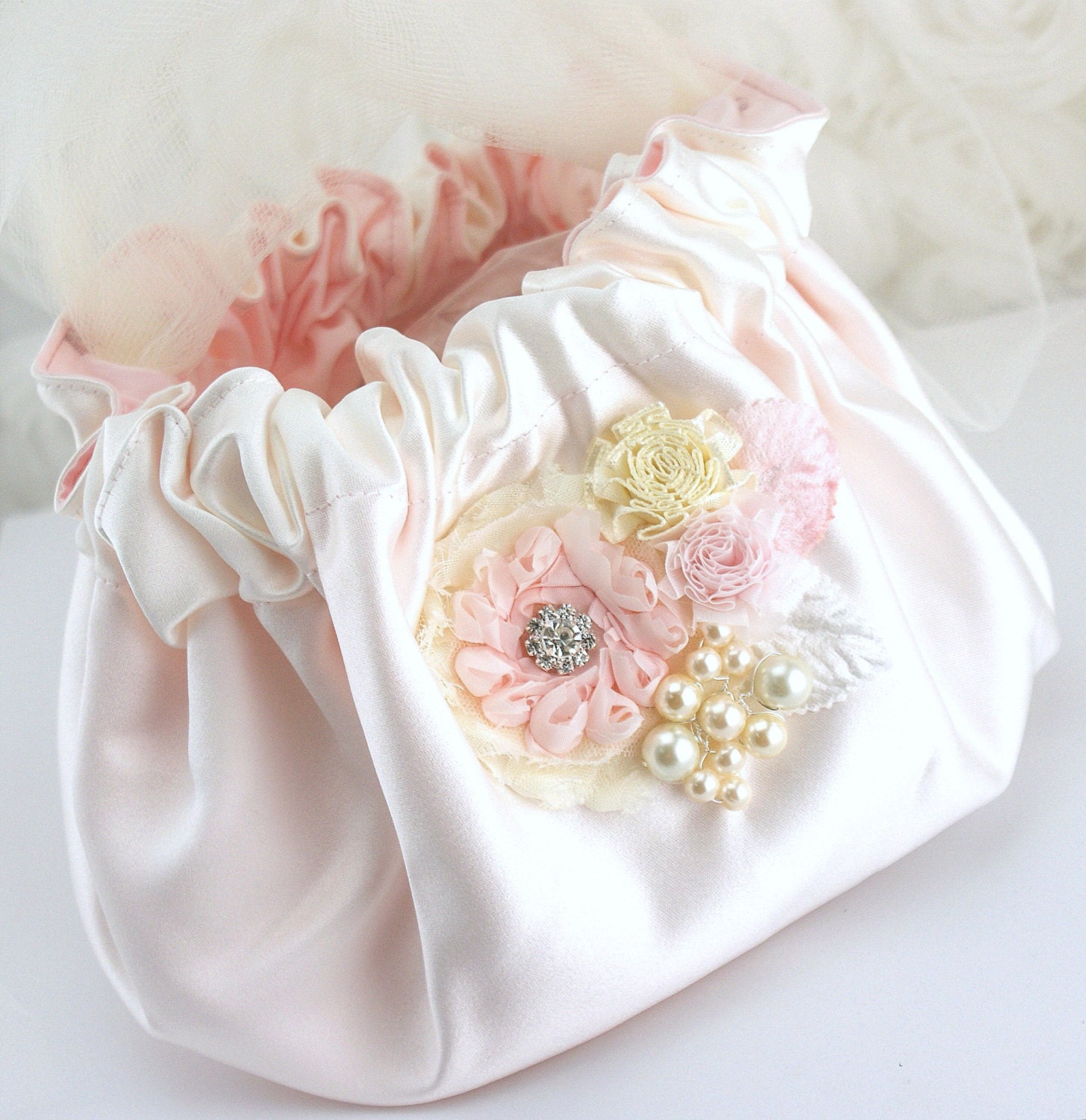 Flower Girl Drawstring Bag Flower Girl Basket in Ivory and Light Pink with Tulle and Pearls- Vintage Inspired