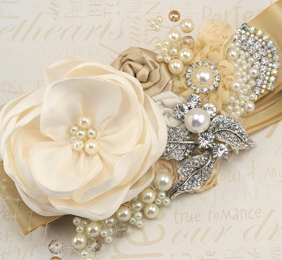 Bridal Sash Wedding Sash in Champagne, Gold and Ivory with Pearl and Jewels