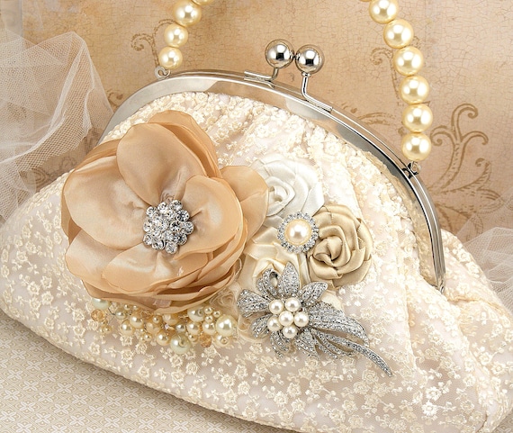 Bridal Clutch- Vintage Inspired Purse in Cream, Champagne and Ivory with Lace, Brooch, Pearls and Crystals