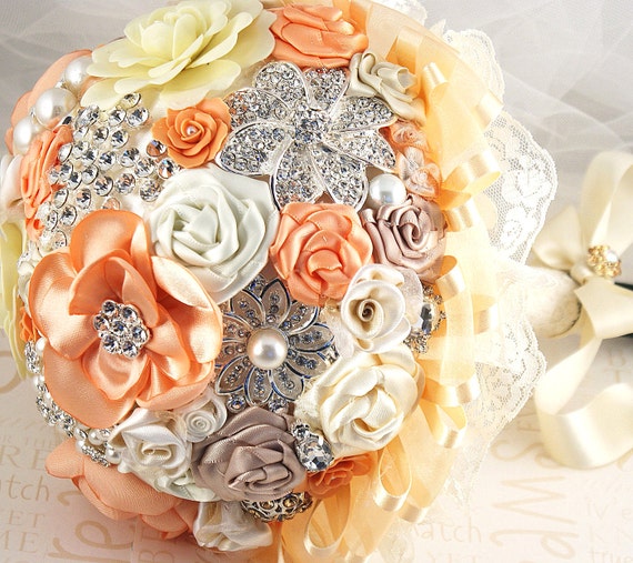 Brooch Bouquet Bridal Bouquet Jeweled Wedding Bouquet in Peach, Cream and Coral