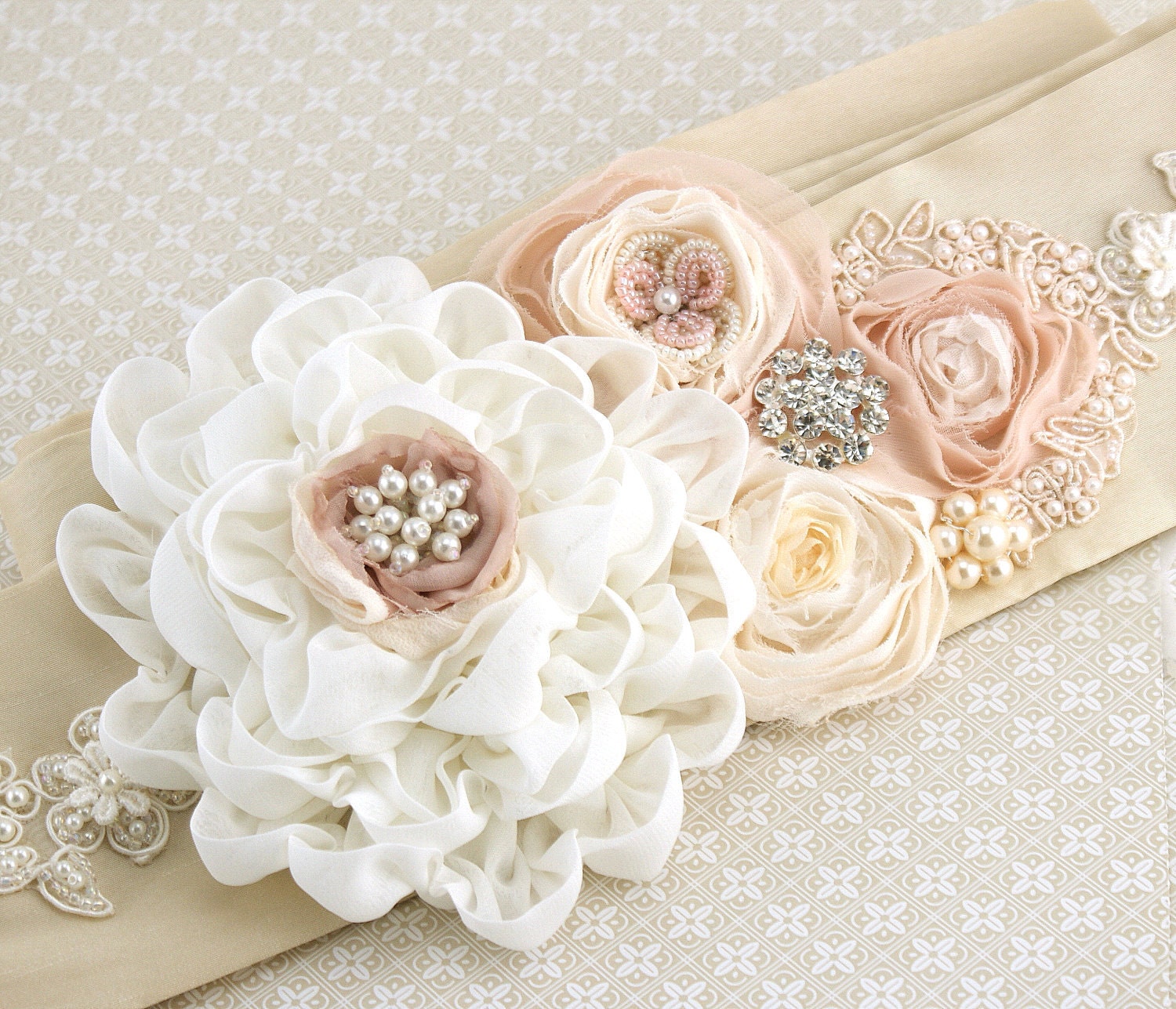 Bridal Sash in Ivory, Champagne, Cream and Blush Pink with Chiffon, Dupioni Silk, Pearls and Jewels- Pearl Dream