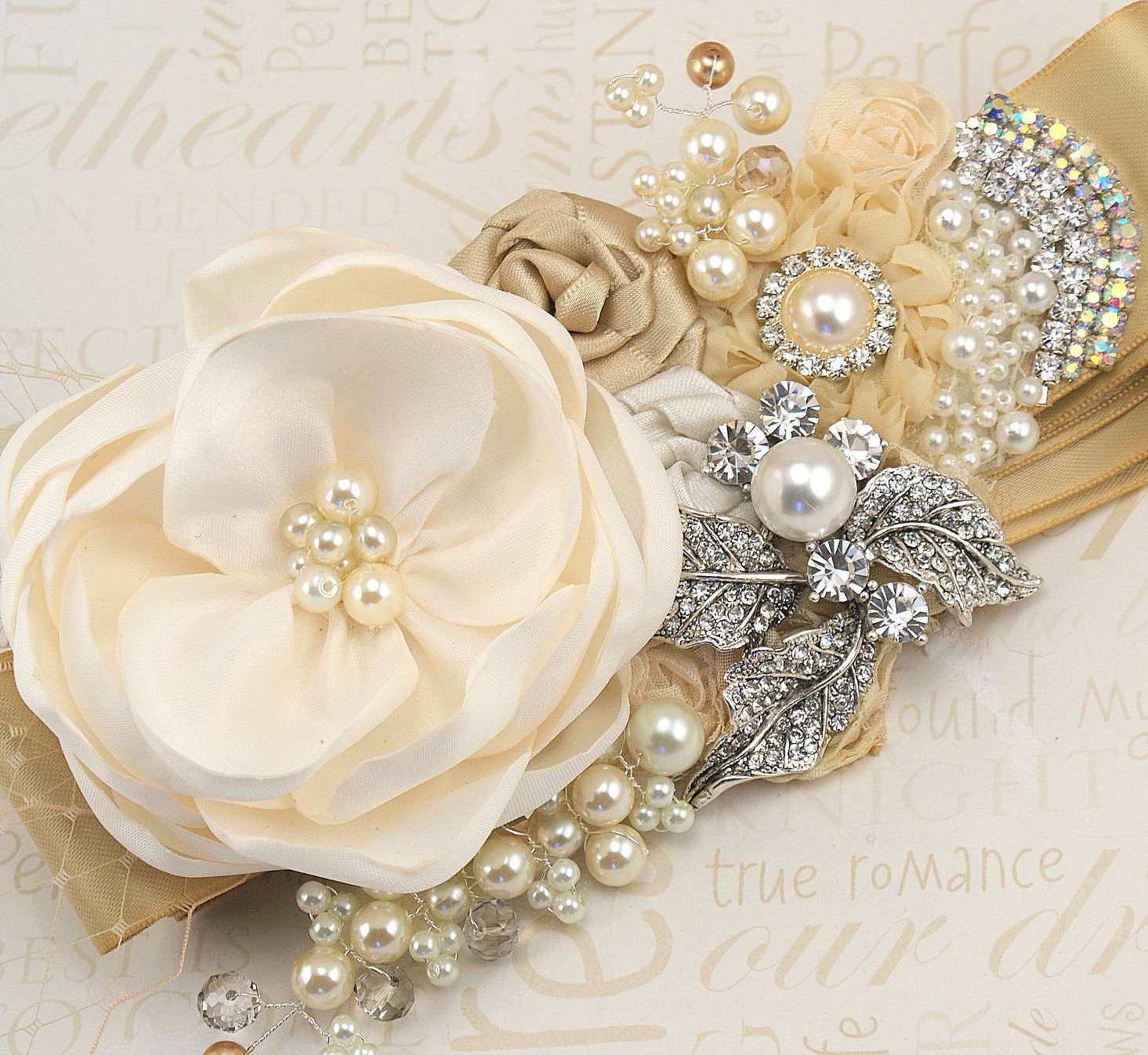 Bridal Sash Wedding Sash in Champagne, Gold and Ivory with Pearl and Jewels