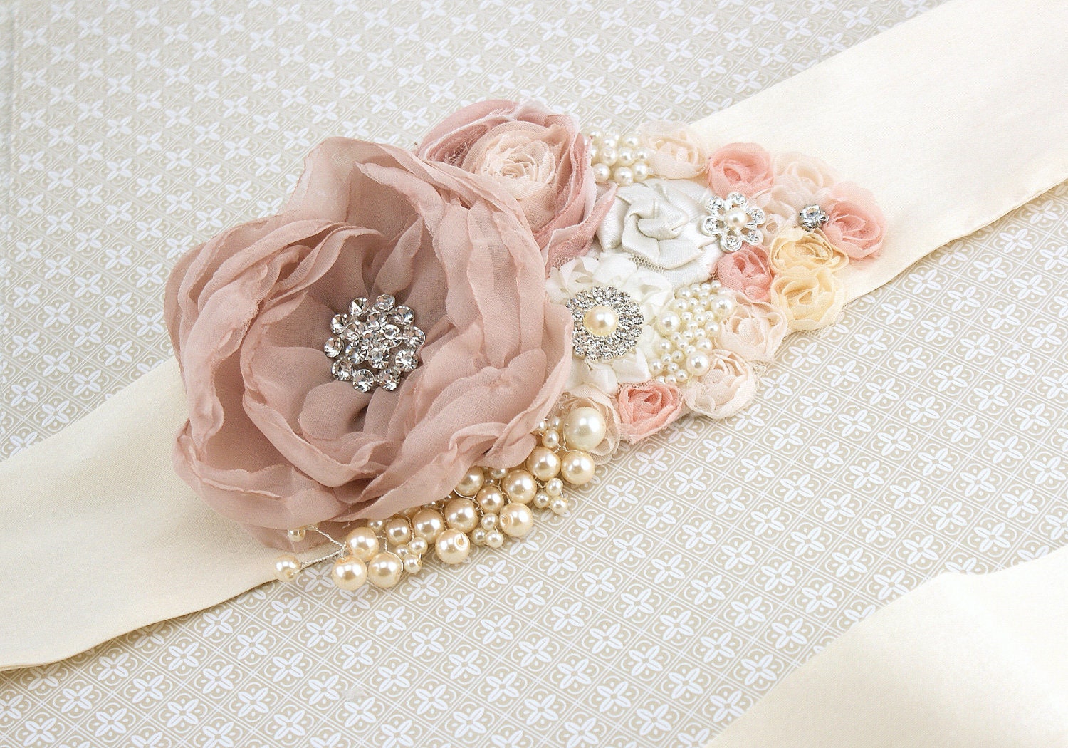 Bridal Sash- Wedding Sash in Blush Pink and Ivory with Dupioni Silk and Chiffon