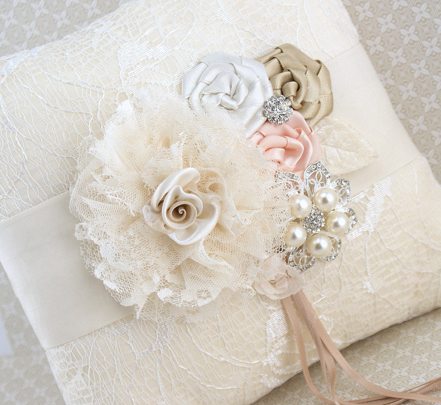 Ring Bearer Pillow Bridal Pillow in Ivory, Champagne and Blush with Lace, Brooch and Pearls Vintage Passion