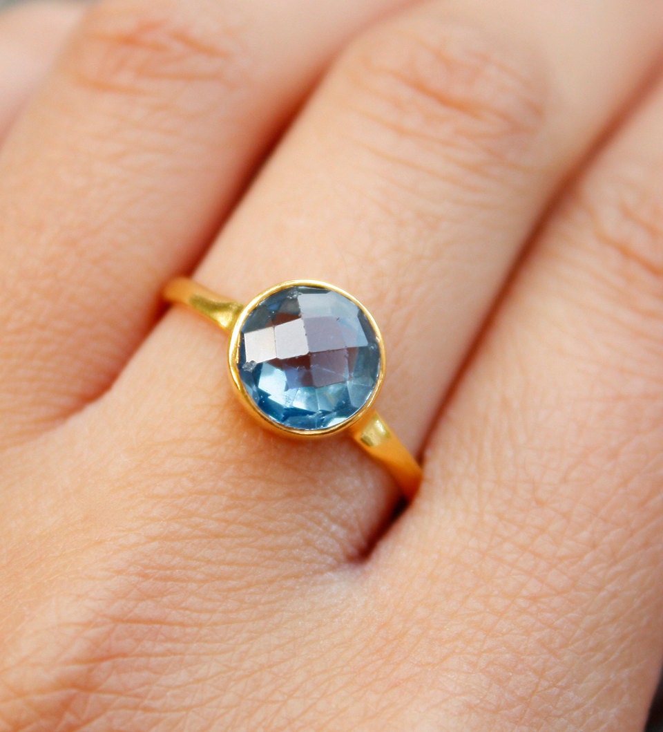 Gold London Blue Quartz Ring - Round Cut - Stacking Ring, December Birthstone