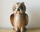 Vintage Retro MidCentury Brown Ceramic Proud Majestic Big Eyed Owl Bird Figurine Bank.