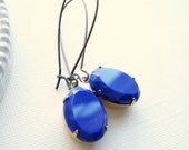 Cobalt Blue Long Drop Earrings In Brass, Dark Blue Dangle Earrings, Vintage Style Jewelry.