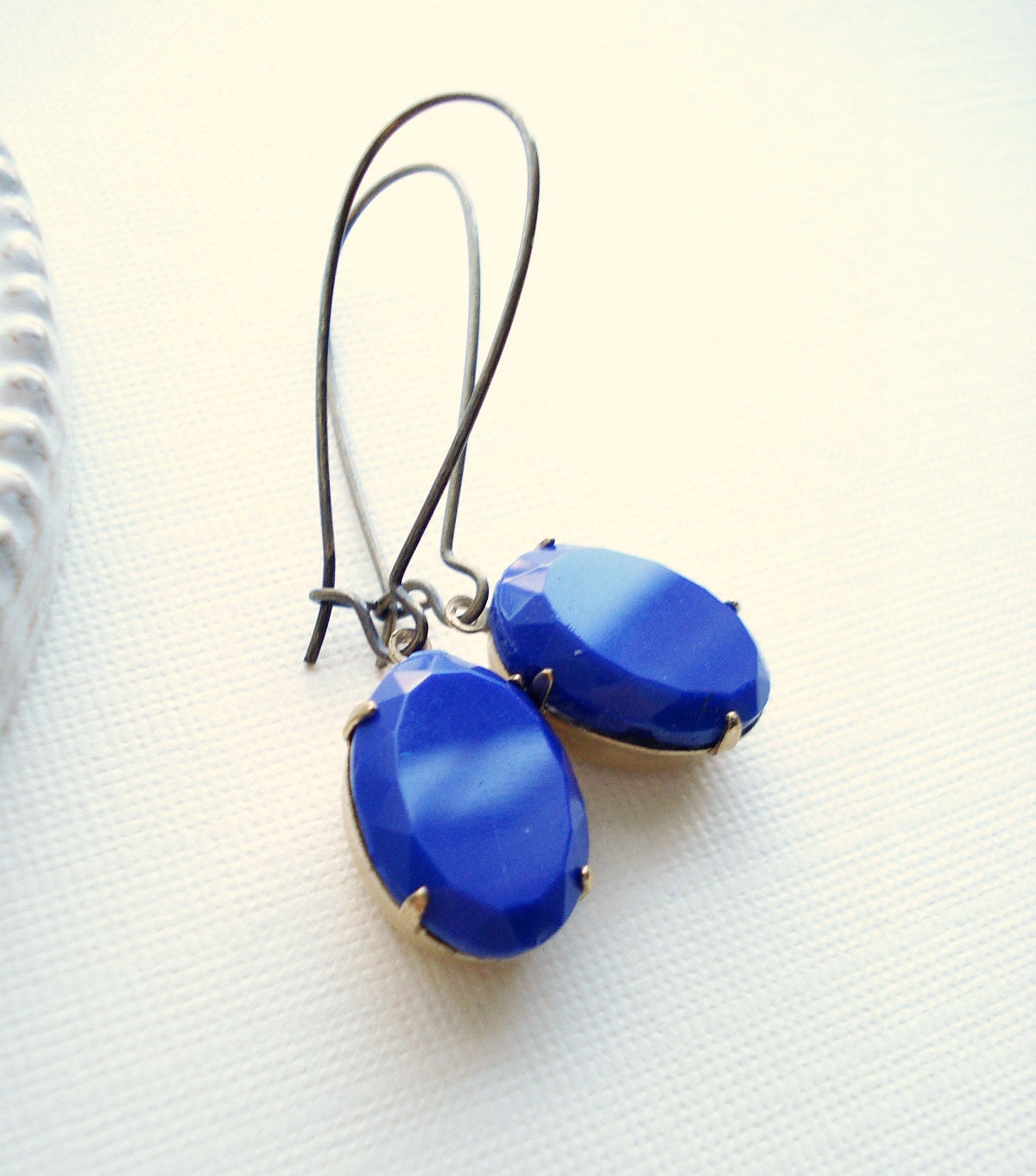 Cobalt Blue Long Drop Earrings In Brass, Dark Blue Dangle Earrings, Vintage Style Jewelry, серьги, сережки