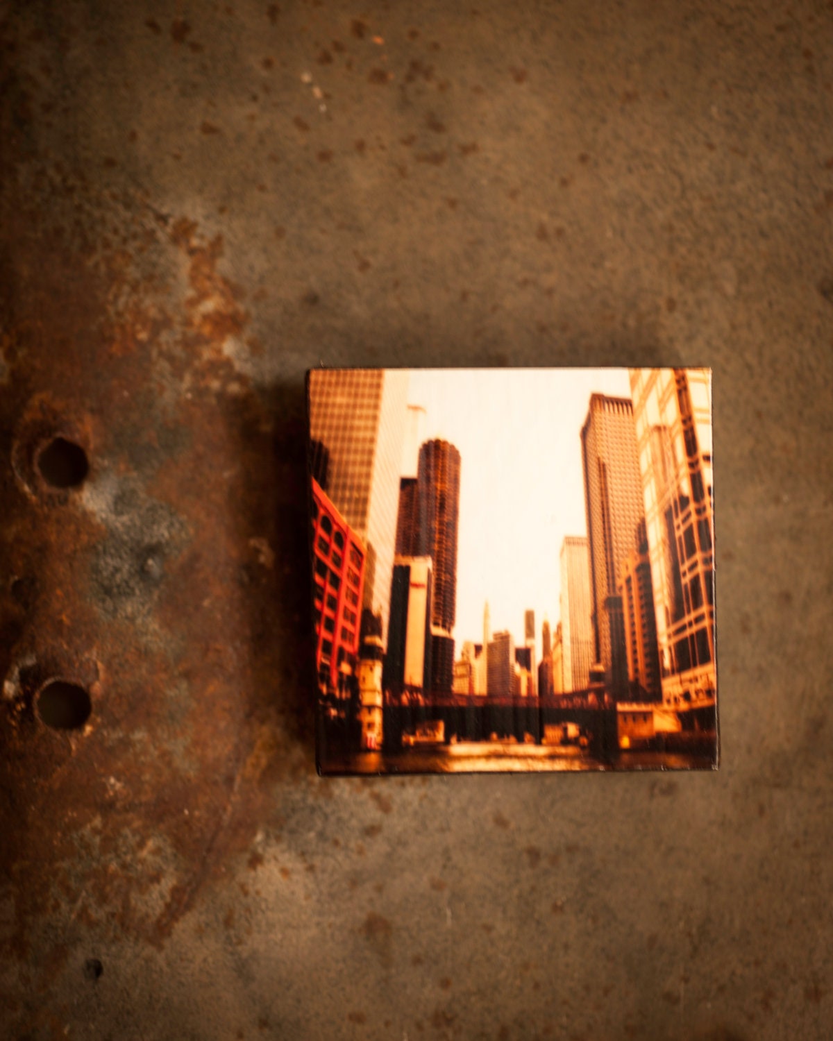 Photography - Handcrafted Wood Photo Block Magnet - Golden Days , Chicago skyline, Chicago photography