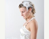 ON SALE hair bridal accessories,White Ostrich Feathered Bridal fascinator, Bridal Headpiece, with pearl and crystal brooch