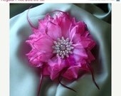ON SALE Hair bridal accessories, Bridal Party Headpiece, 5"  pink organza flower with feathers and large crystal brooch cliph
