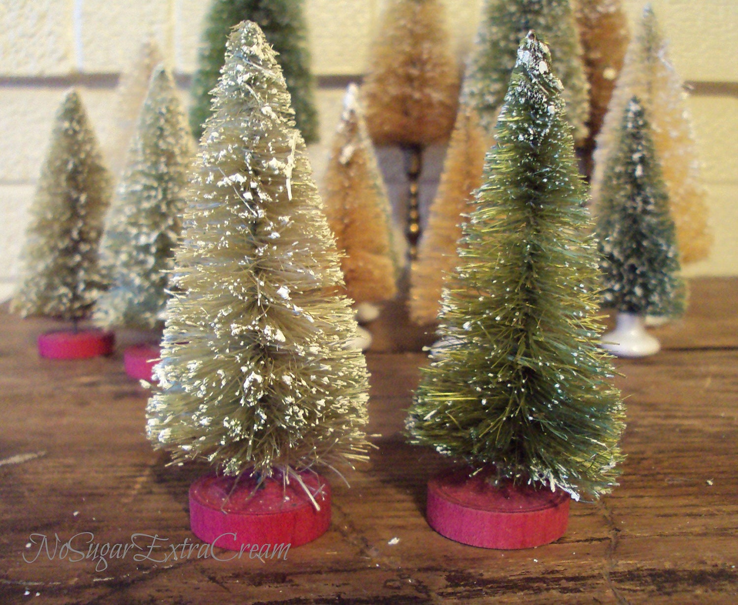 Vintage Inspired Green Bottle Brush Trees Set of Two with Red Checkers Two Green Bottle Brush Trees with Red Checkers