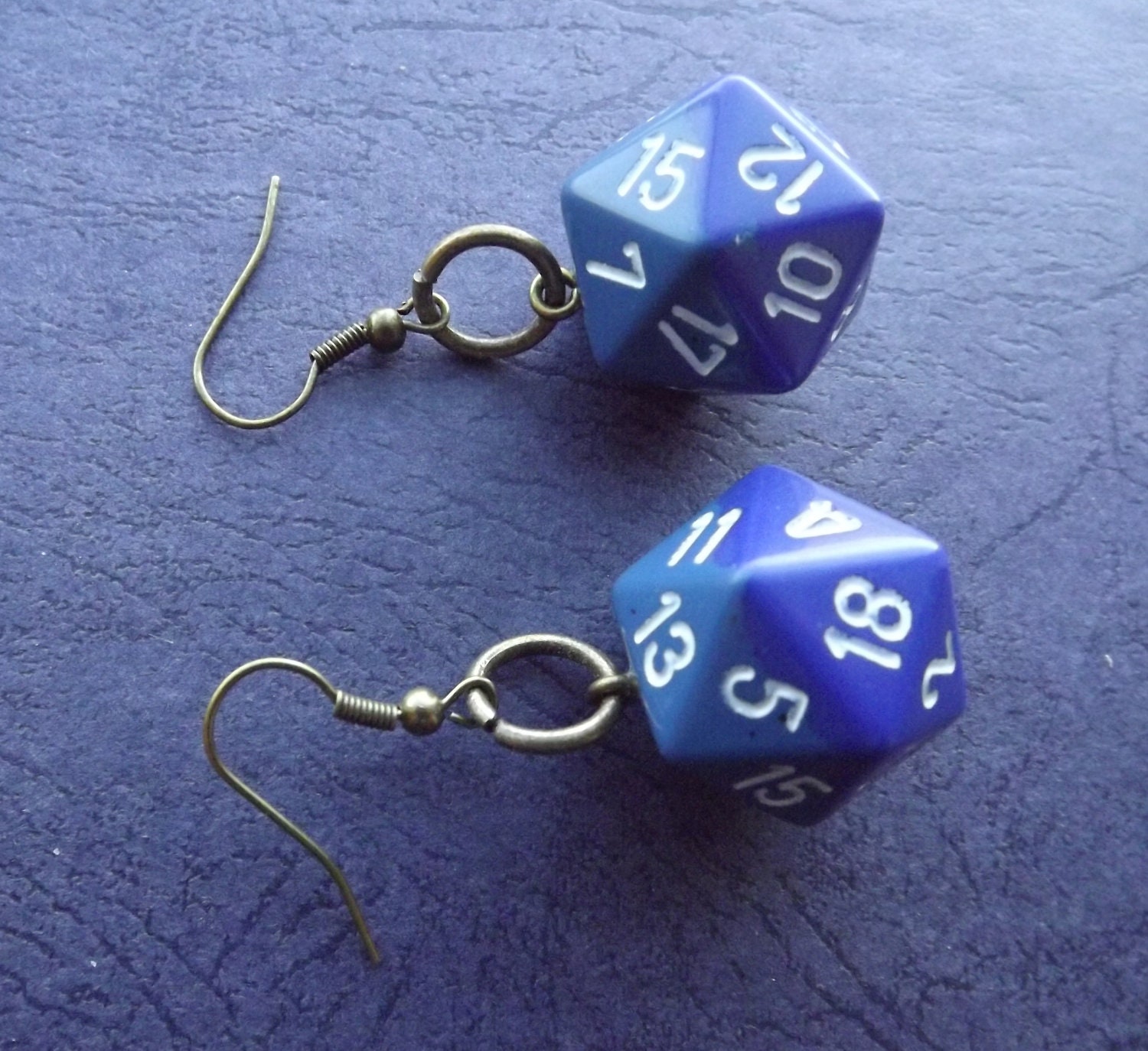 Earrings d20 20 Sided Dice Die light and dark blue color with brass loop style ear rings D&D Gamer Girl
