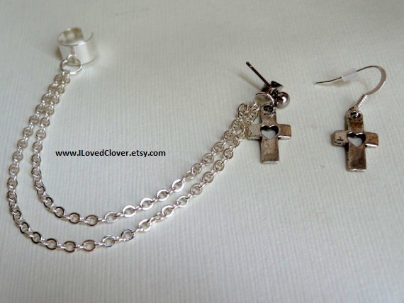 Ear Cuff With Chain Ear Cuff Silver Cross Ear Cuff Set Earring Cuff  Silver Heart Cross Earring Jewelry Christian Jewelry