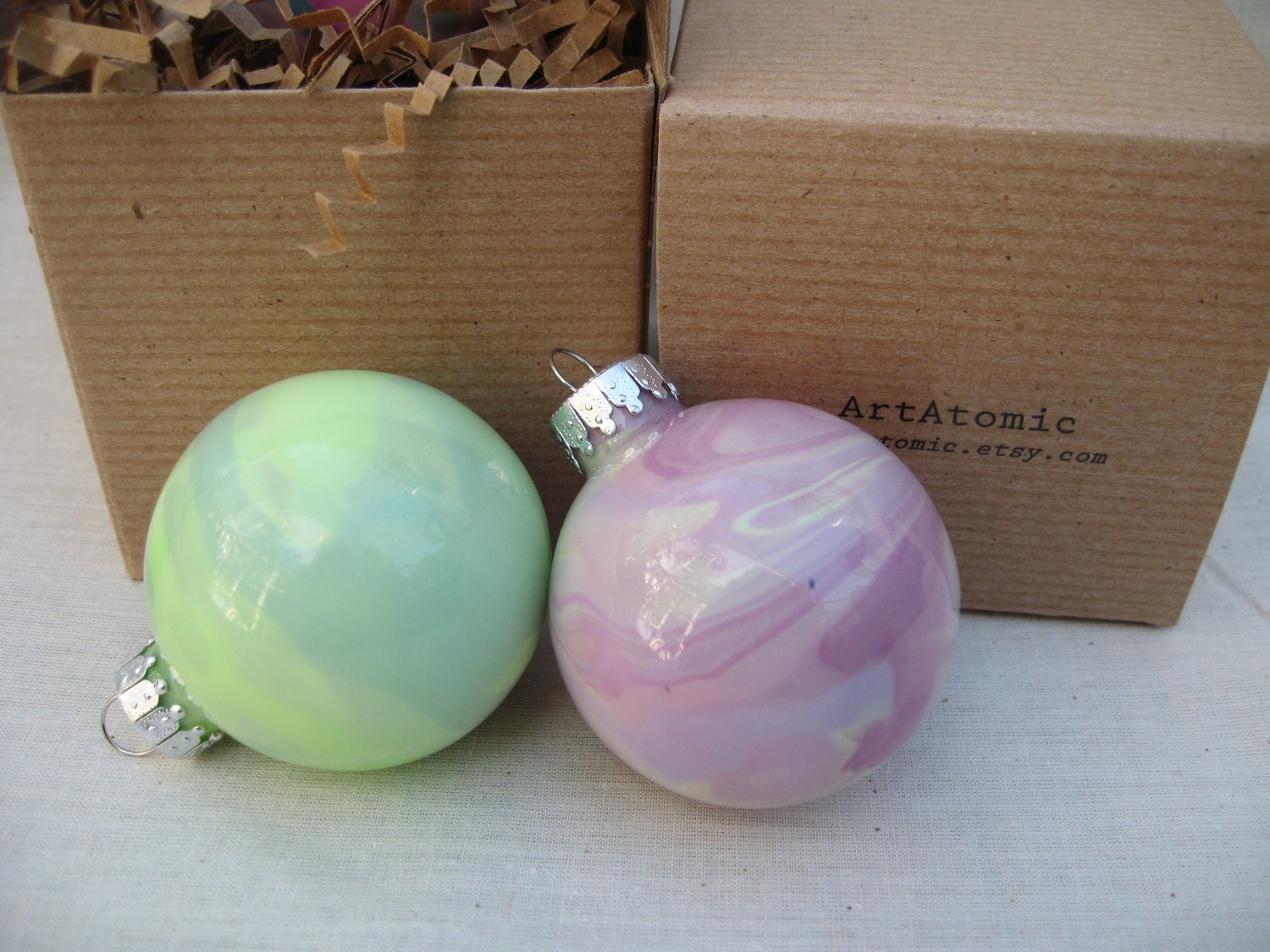 Glass Hand Painted Ornament, glow in the dark, OOAK Dusty Rose marbled paint