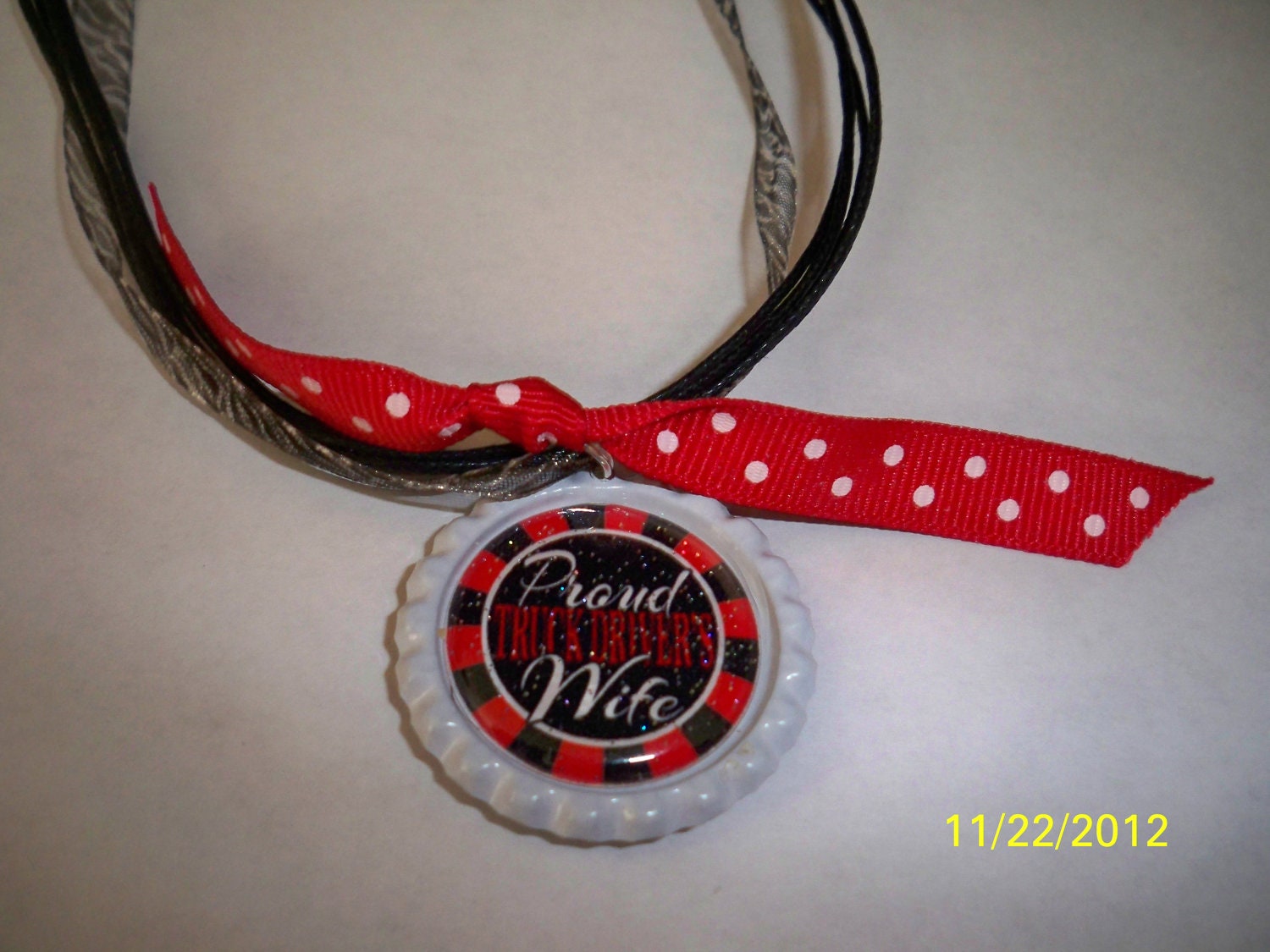 Double Sided Reversible I love my truck driver and Proud Wife flat bottlecap Ribbon Necklace