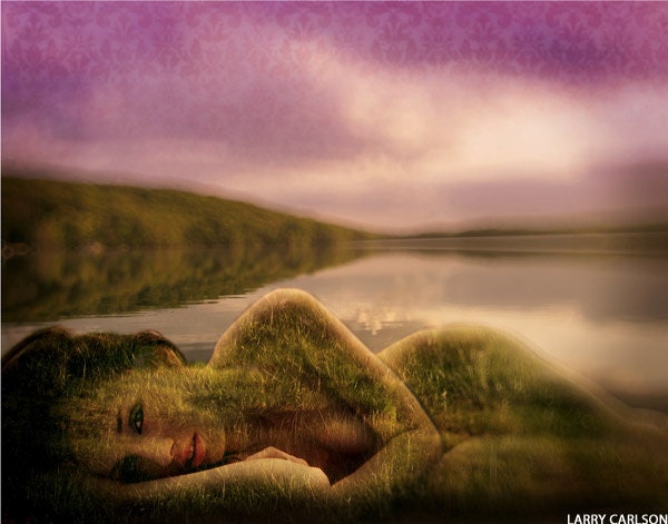 Figure art photography, mother earth, goddess, fantasy art, woman, lake, mountains in purple, 8x10
